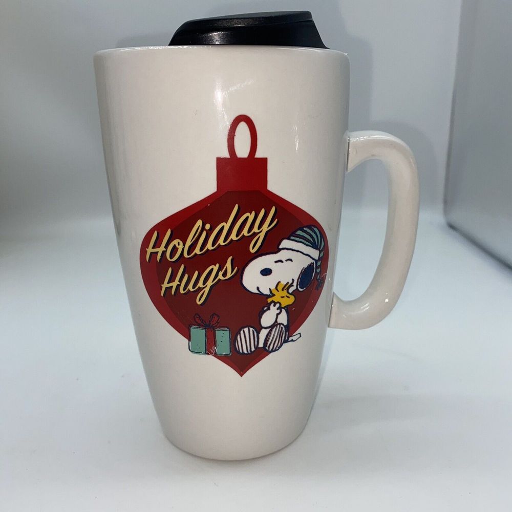 Peanuts Snoopy Woodstock Holiday Hugs Ceramic Travel Coffee Tea Lidded Mug